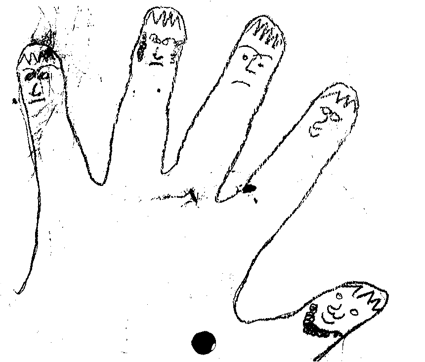 a sketched hand with little faces as fingers